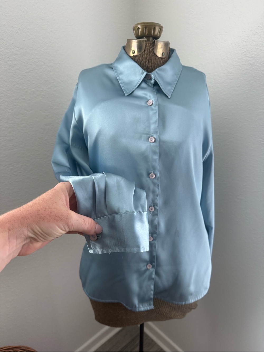 Satin Button-Up Blouse in Dusty Blue
